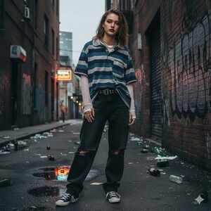 Terminal Striped Polo Shirt Large 90s Skater Grunge Indie Sleaze Streetwear Navy